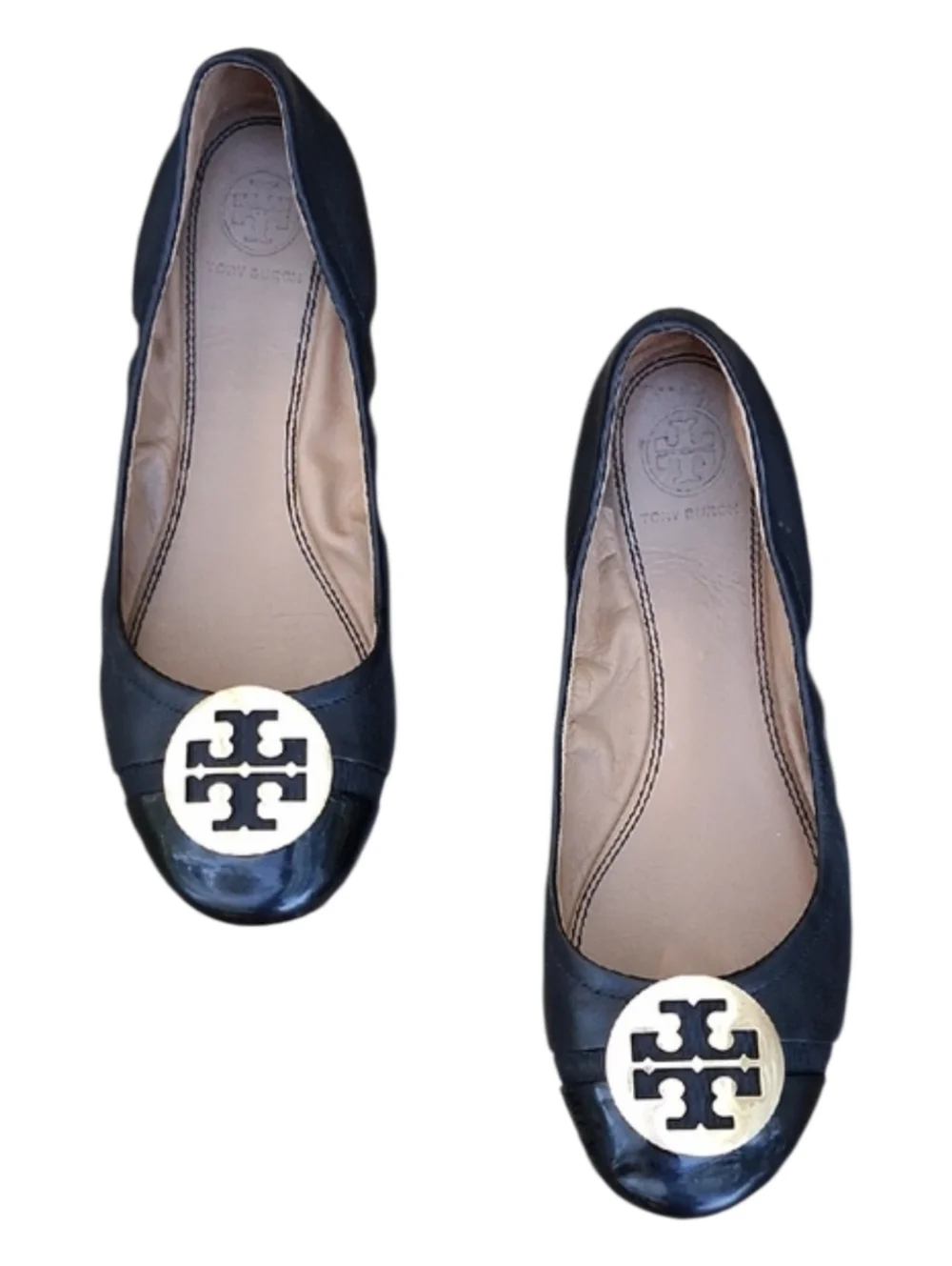 Tory Burch Minnie Travel Ballet Flats Black Leather Patent Cap Toe Size 8